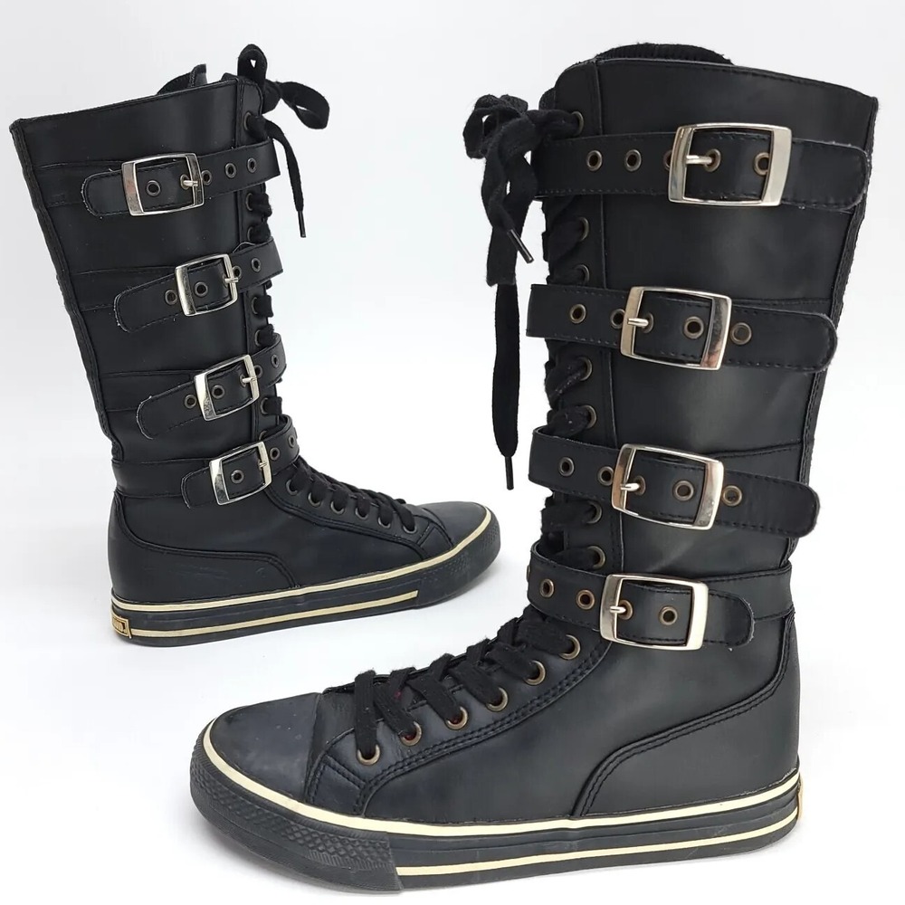 Underground Shoes‎ England Boots Black 4 Buckle 17 Eyelet Zip Up Womens 7.5 US
